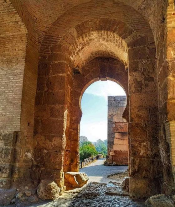 Arco de piedra con una abertura luminosa que da a un sendero soleado y árboles al fondo, visto desde el interior de una antigua estructura de ladrillo