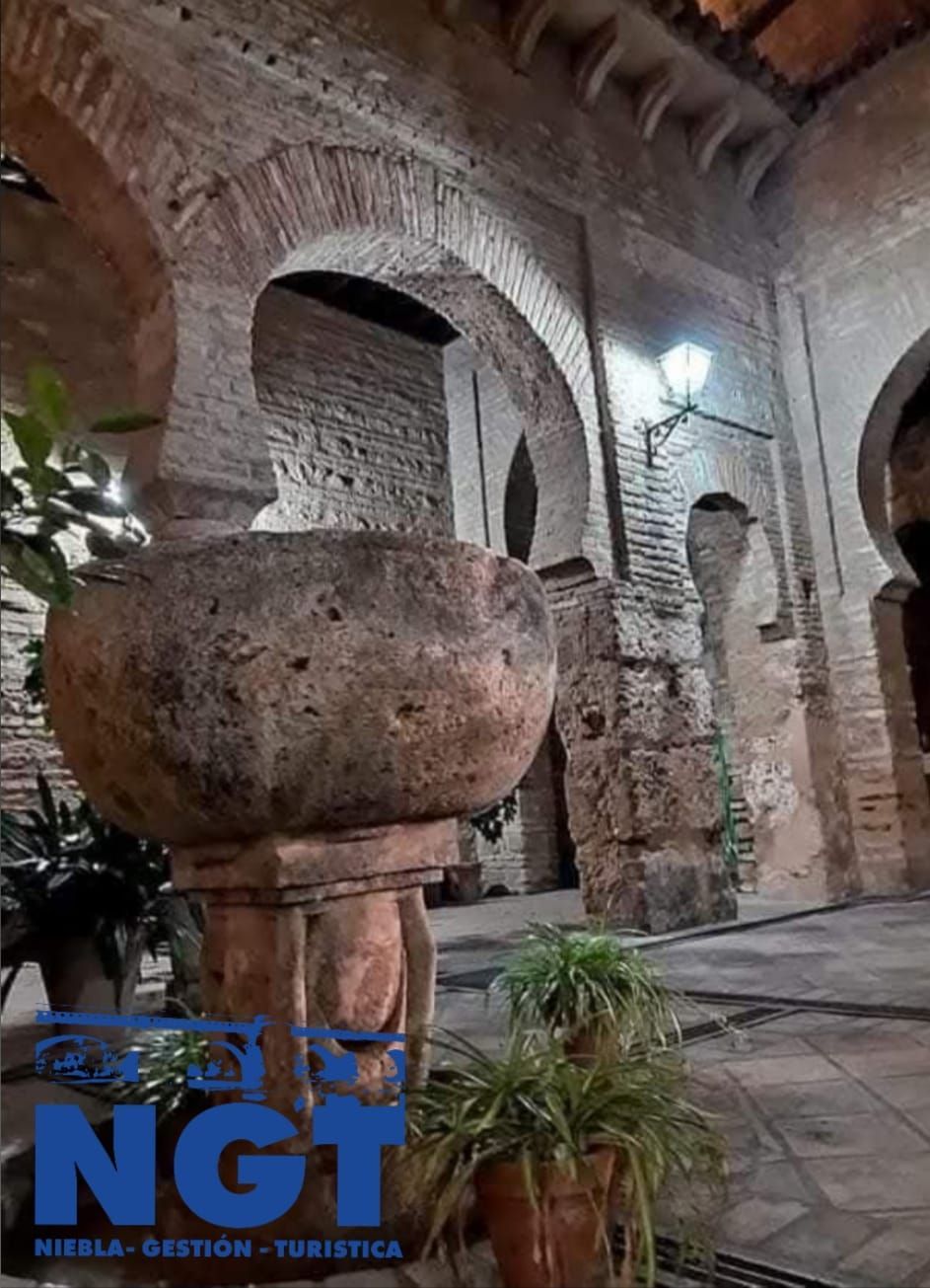 Patio de piedra con arcos de ladrillo, una gran jardinera tallada y plantas en macetas bajo una iluminación cálida