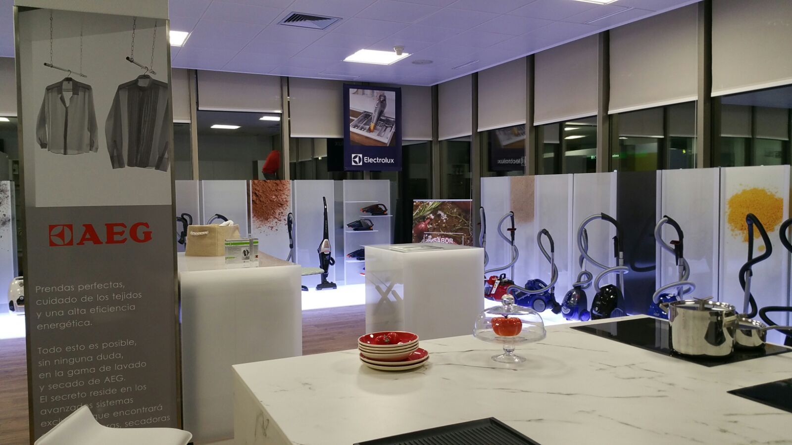 Interior de una tienda de electrodomésticos, con aspiradoras y utensilios de cocina. Logotipo de AEG presente.