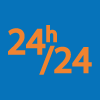 Carré bleu avec inscription orange 24h/24, indiquant la disponibilité du service 24 h/24