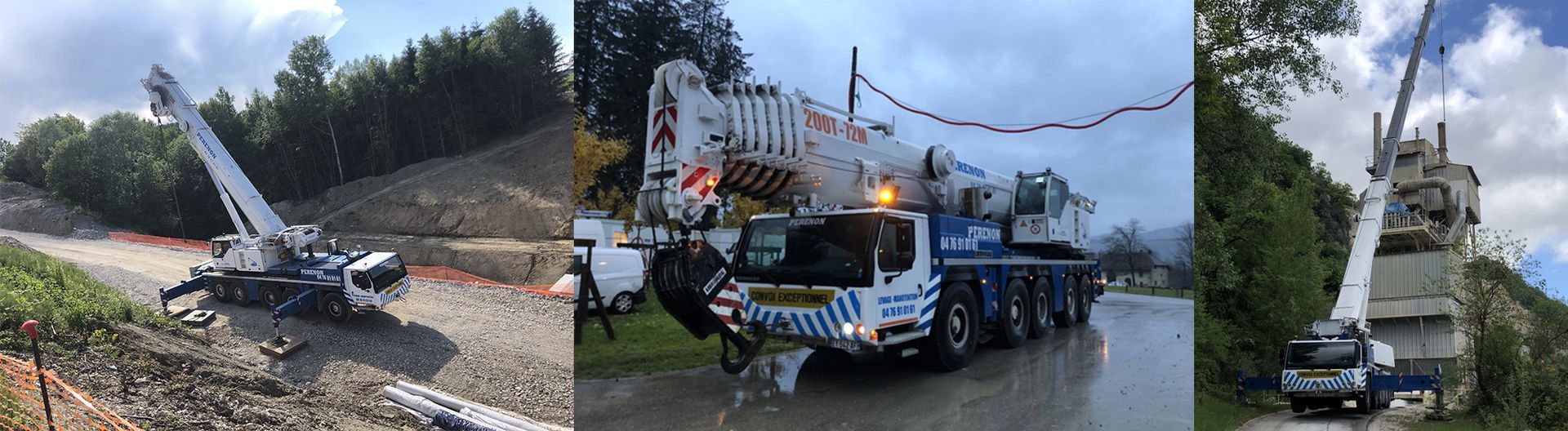 Trois vues d'un camion-grue bleu et blanc sur une route longeant des voies ferrées endommagées et des débris.