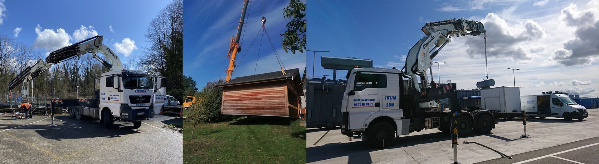 Camion utilitaire blanc équipé d'une grue, soulevant une charge sur un chantier routier sous un ciel bleu.