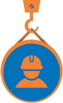 Crochet orange retenant un badge rond bleu avec la représentation d'un ouvrier.