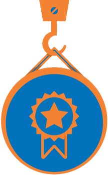 Crochet orange retenant un badge rond bleu avec un ruban de récompense doré et une icône en forme d'étoile.