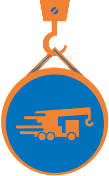 Crochet orange retenant un badge rond bleu avec un camion de levage.
