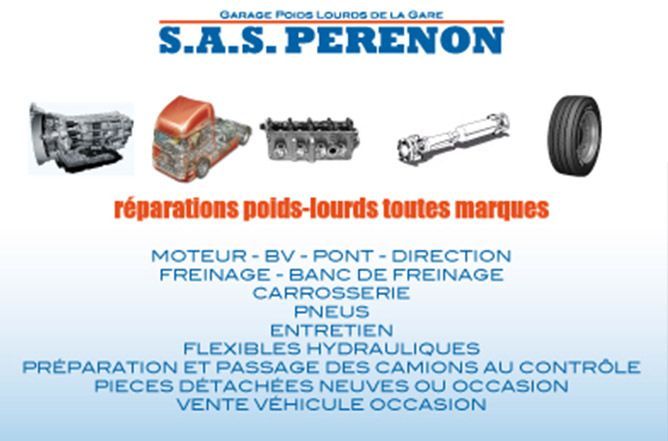 Annonce de Garage SAS Perrenon pour la réparation de camions, avec liste de pièces détachées et de services (en bleu).