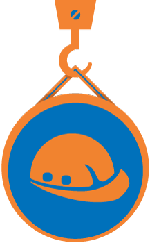 Crochet orange retenant un badge rond bleu avec un casque de chantier.