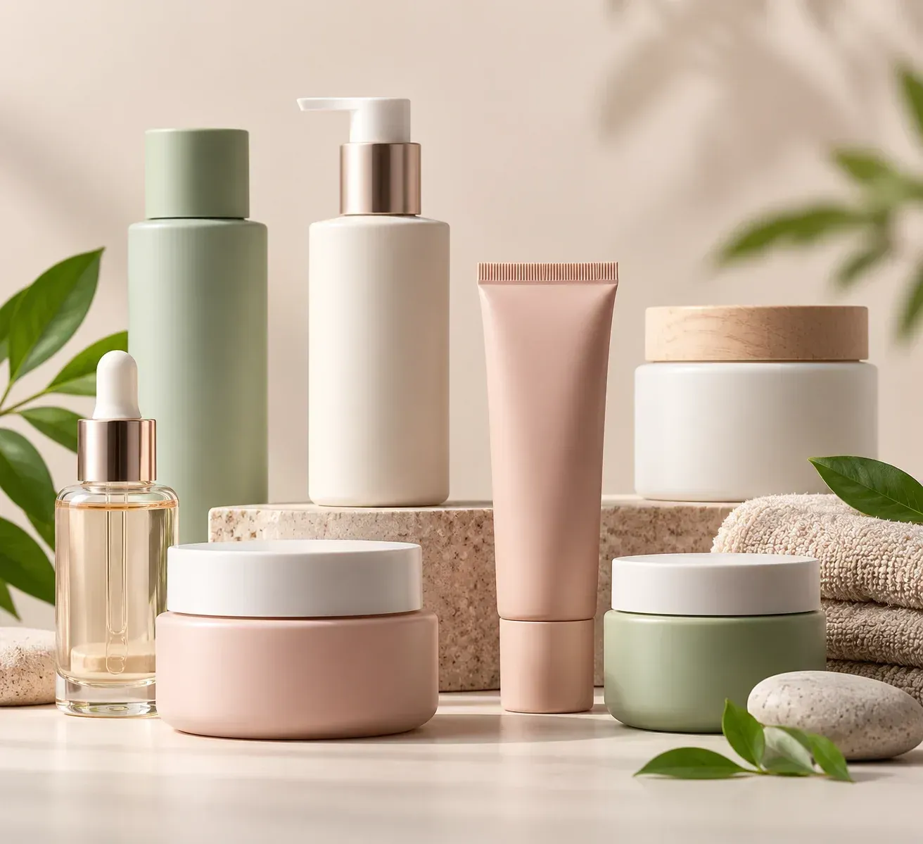 Tarros, tubos y botellas minimalistas para el cuidado de la piel en suaves tonos beige y verde