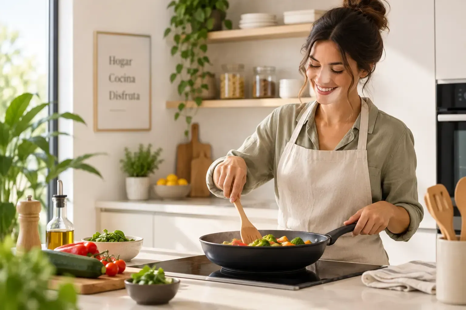 Una mujer cocina verduras en una cocina luminosa, sonriendo mientras remueve la sartén.