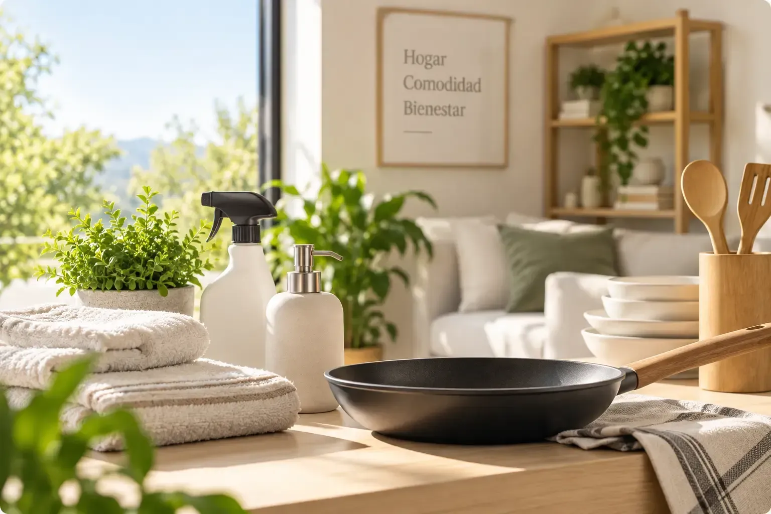 Cocina acogedora con toallas dobladas, utensilios de cocina, plantas y utensilios de madera bajo la cálida luz del sol.