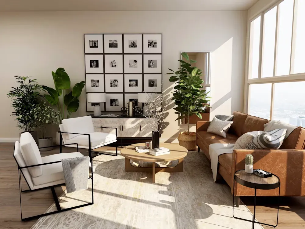 Sala de estar moderna y luminosa con sillas blancas, sofá color canela, plantas y cuadros enmarcados en las paredes.