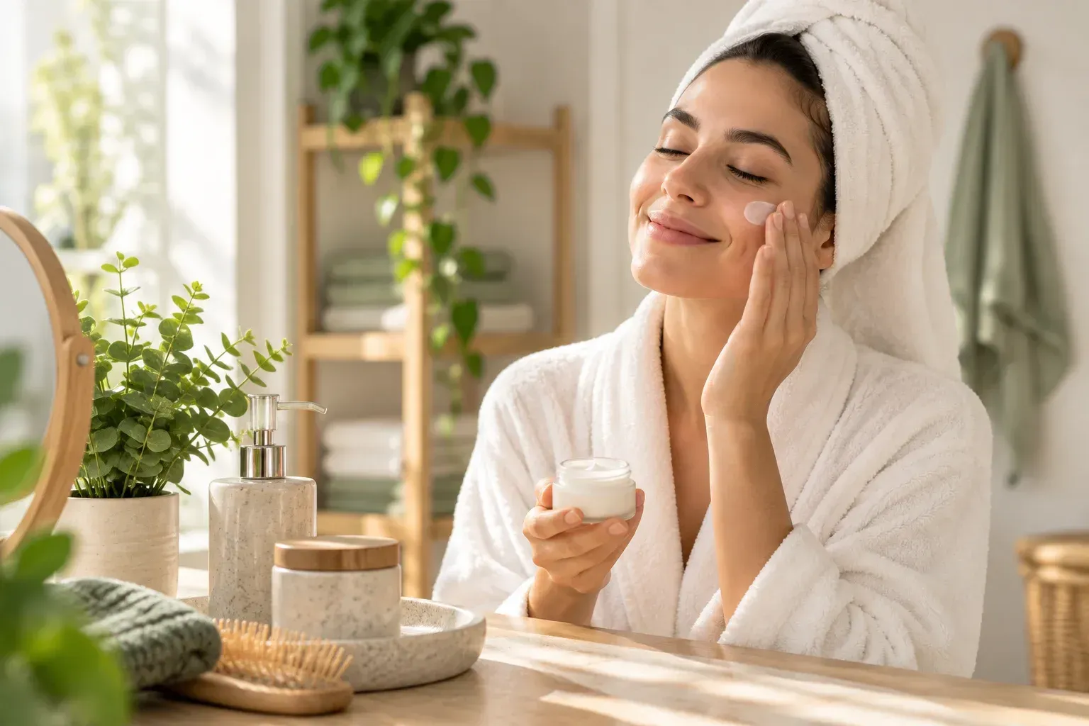 Una persona con bata blanca se aplica crema en un baño luminoso con espejo, plantas y toallas.