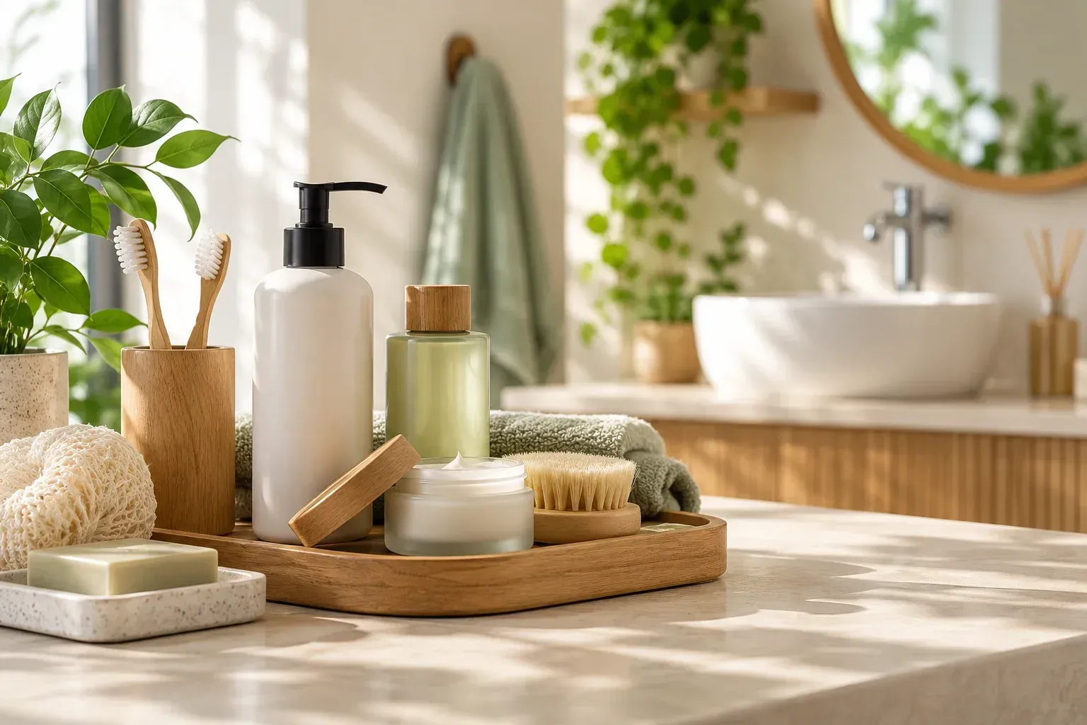 Tocador de baño estilo spa con bandeja de madera, jabón, botellas, cepillos, plantas y un espejo redondo