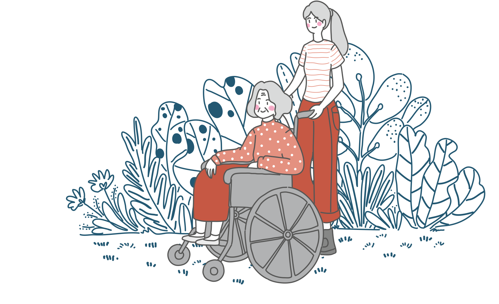 Frau im Rollstuhl, von einer anderen Person geschoben, im Freien, umgeben von Laubwerk.