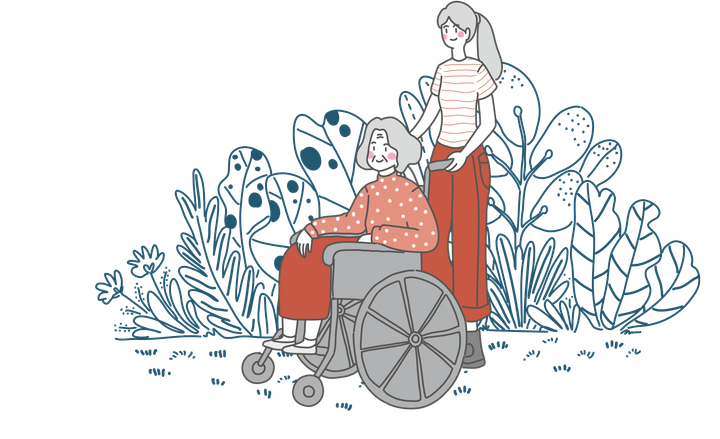 Frau im Rollstuhl, von einer anderen Person geschoben, im Freien, umgeben von Laubwerk.