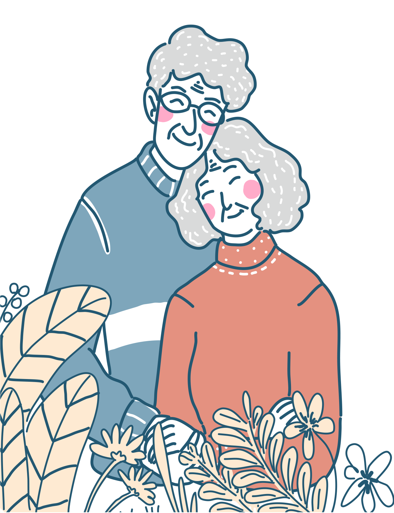 Ein älteres Ehepaar umarmt sich, umgeben von Pflanzen und Blumen.