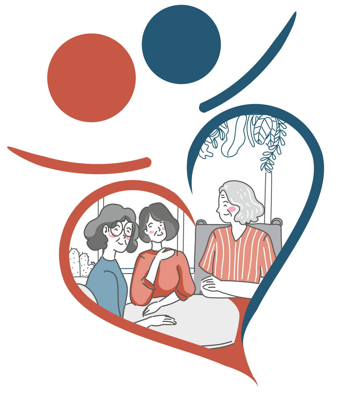 Drei Personen in einem herzförmigen Rahmen, darüber zwei Kreise. Die Personen unterhalten sich in einem Café. Es werden die Farben Rot und Blau verwendet.