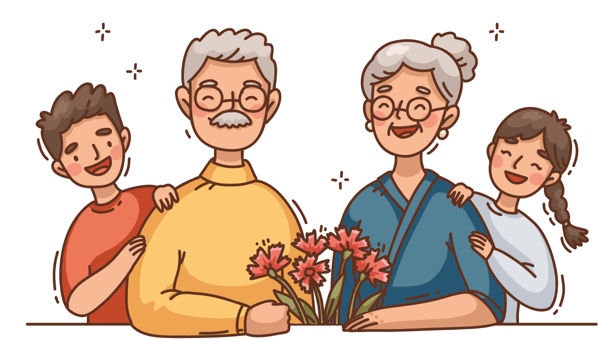 Großeltern lächeln, halten Blumen und werden von glücklichen Enkelkindern flankiert.