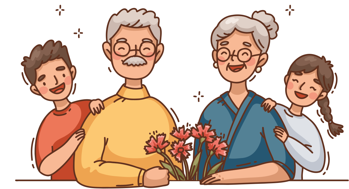 Großeltern lächeln mit ihren Enkelkindern und halten Blumen.