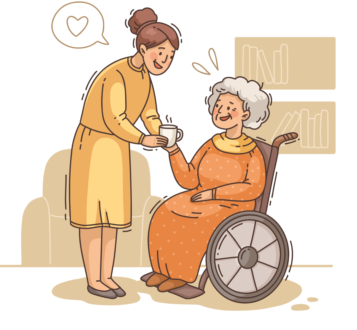 Frau serviert einer Person im Rollstuhl ein Getränk. Freundliche Stimme, lächelnd. Bücherregal im Hintergrund.