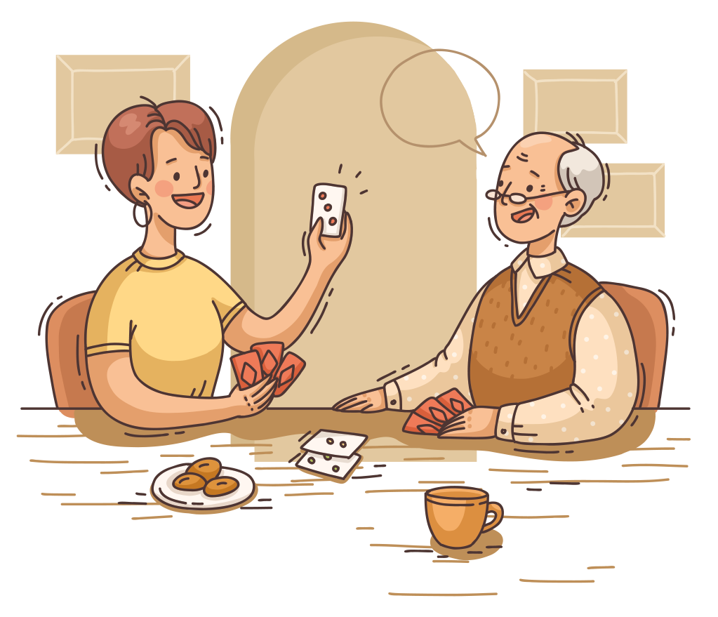 Frau und Mann spielen Karten an einem Tisch mit Snacks und Getränken.