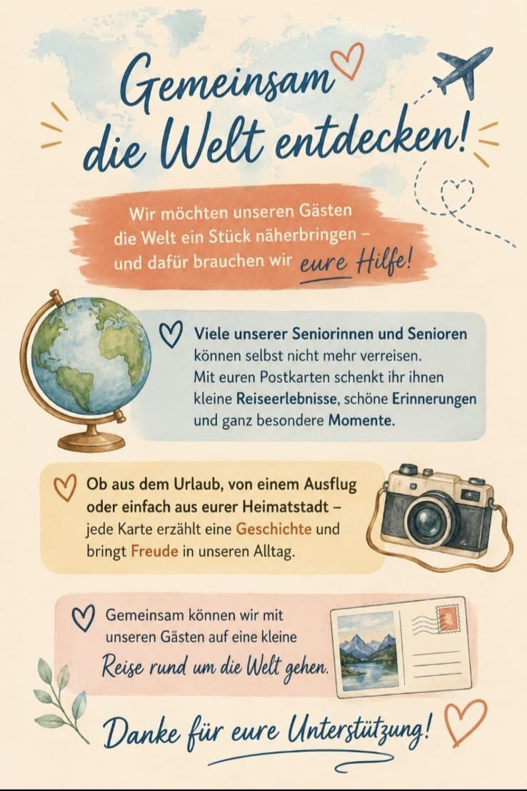 Deutschsprachiges Flyer-Poster „Gemeinsam die Welt entdecken!“ mit Urlaubsangeboten und Kamera-Illustration