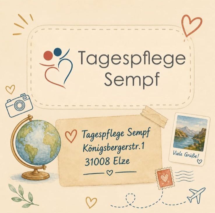 Logo für die Tagespflege Sempf mit Herzsymbolen und Visitenkarte für Königsbergerstr. 1, 31008 Elze