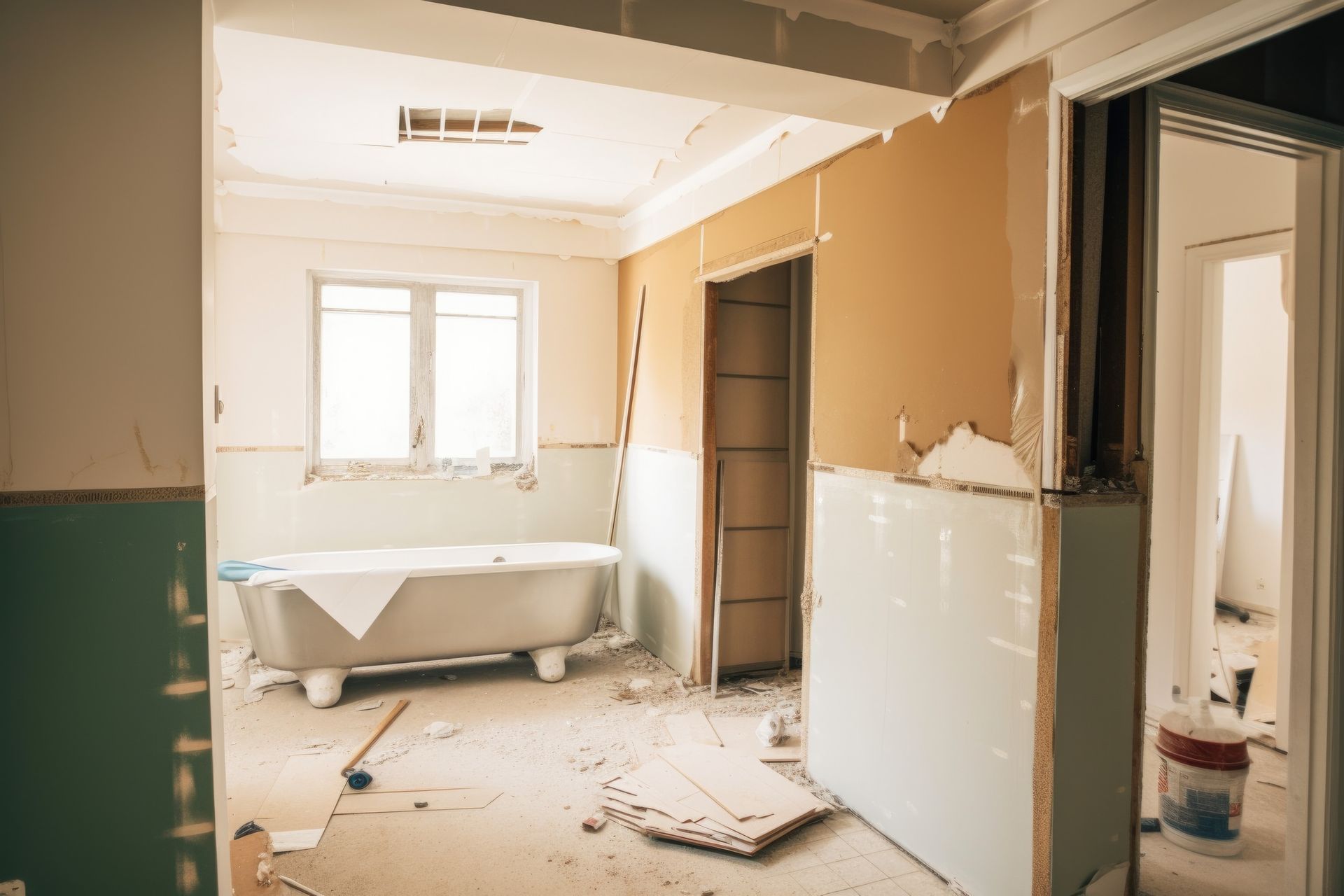 Renovación de baño: bañera con patas, paneles de yeso, escombros de construcción, paredes expuestas.