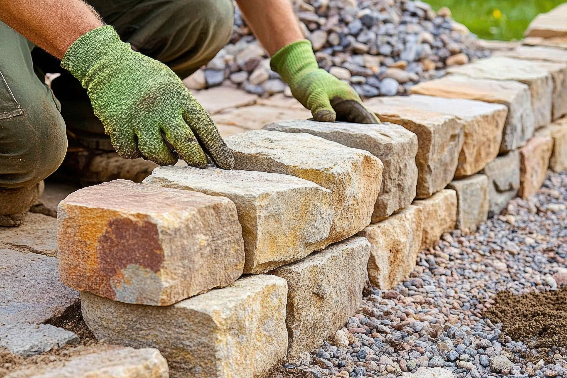 Réalisation d'un muret en pierre dorée pour délimiter un terrain