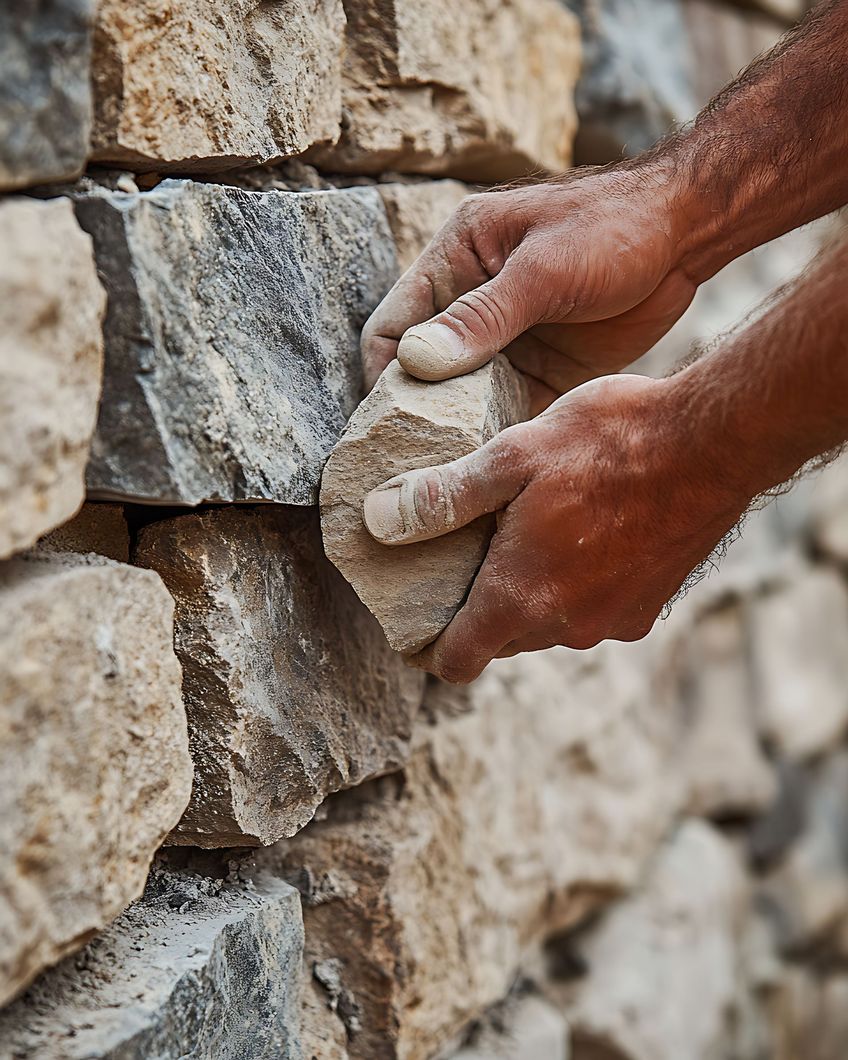 Les mains poussiéreuses d'un homme tenant une pierre contre un mur réalisé avec le même type de pierres