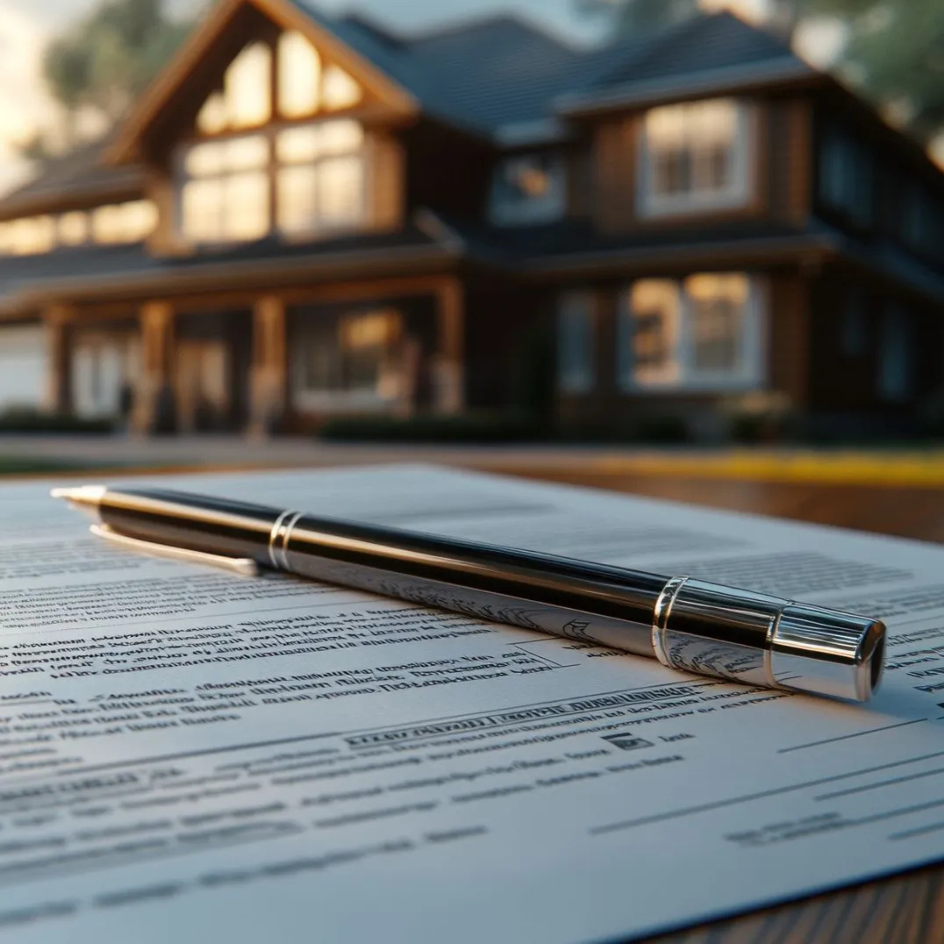 Un stylo sur un contrat devant une maison, symbolisant un achat ou un accord immobilier.