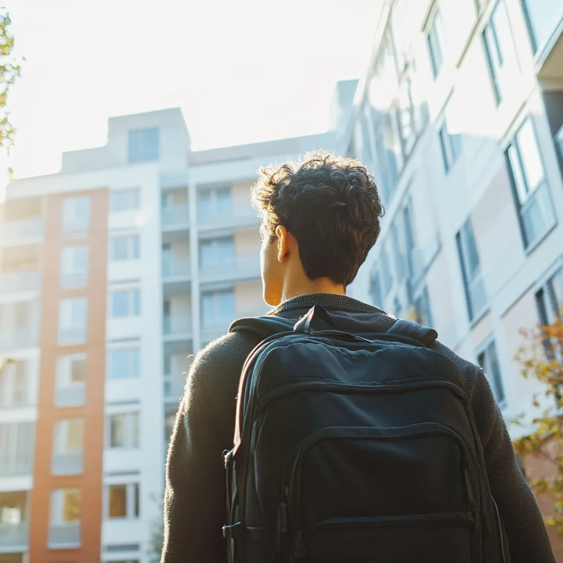 Jeune étudiant avec un sac à dos regardant un immeuble de plusieurs étages.