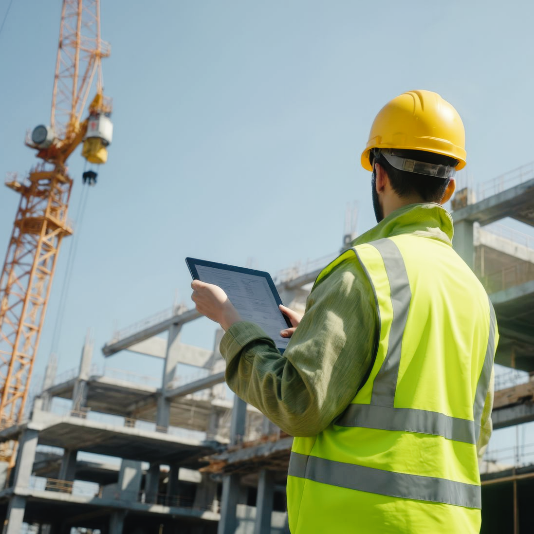 Un ouvrier du bâtiment, portant un casque et un gilet haute visibilité, tient une tablette tout en observant une grue et un chantier.