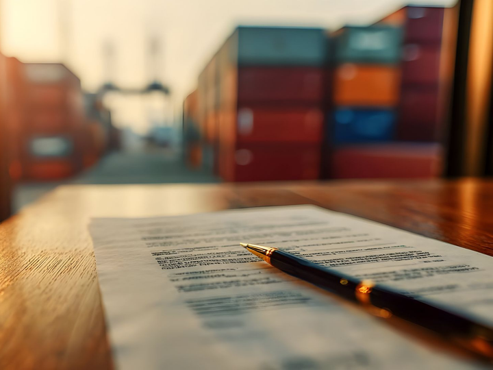 Vers page droit du transport Document rédigé au stylo, dans un terminal maritime avec des conteneurs de marchandises en arrière-plan.