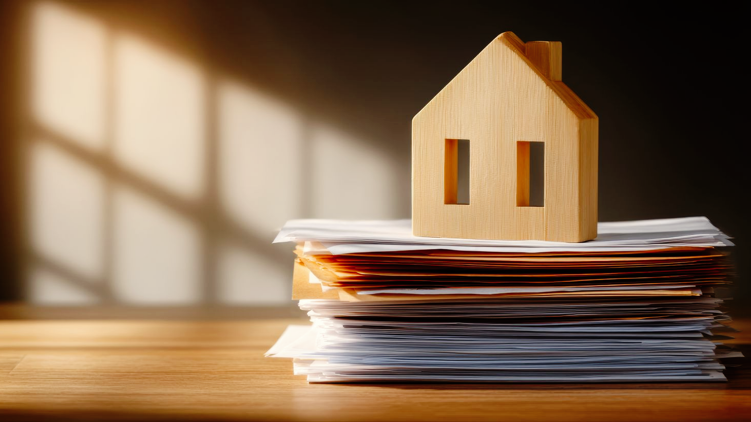Maquette de maison en bois posée sur une pile de documents.