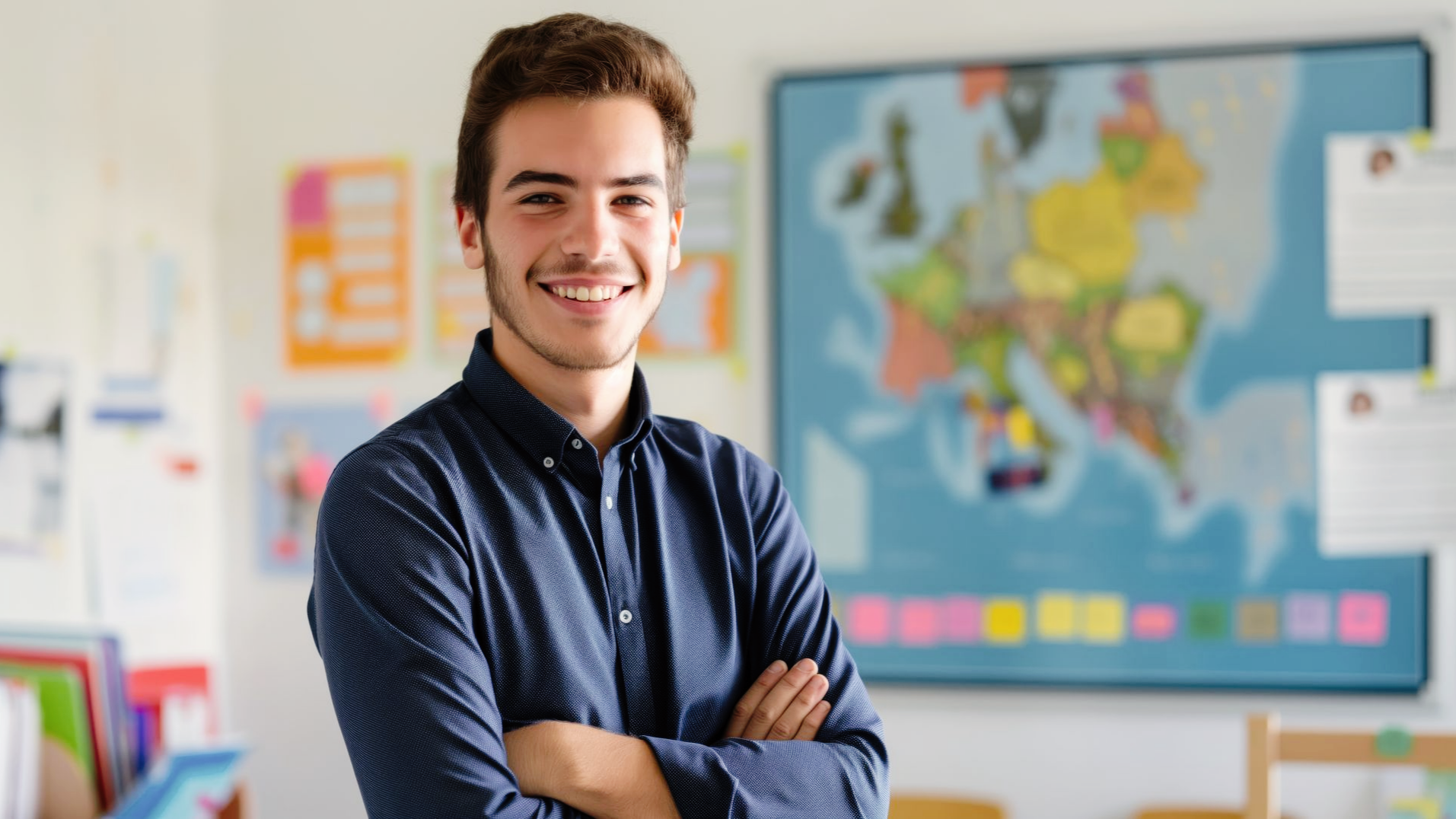 Un homme souriant, les bras croisés, se tient dans une salle de classe devant une carte du monde.