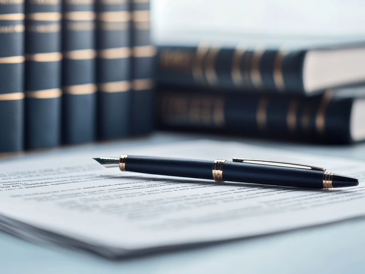 Vers page droit des affaires Un stylo posé sur un document, avec des ouvrages juridiques en arrière-plan.