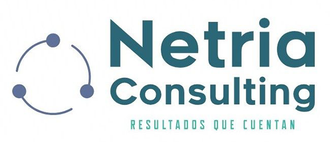 Un logotipo para Netria Consulting con un círculo y puntos.