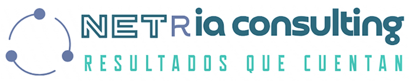 Un logotipo para Netria Consulting con un círculo y puntos.