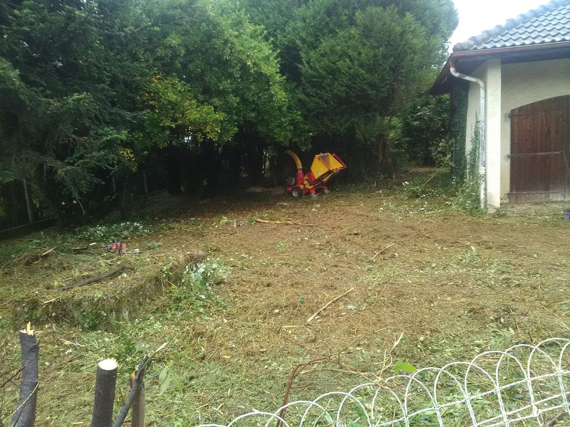 Un broyeur à bois est utilisé pour nettoyer les broussailles d'une cour à côté d'une maison.