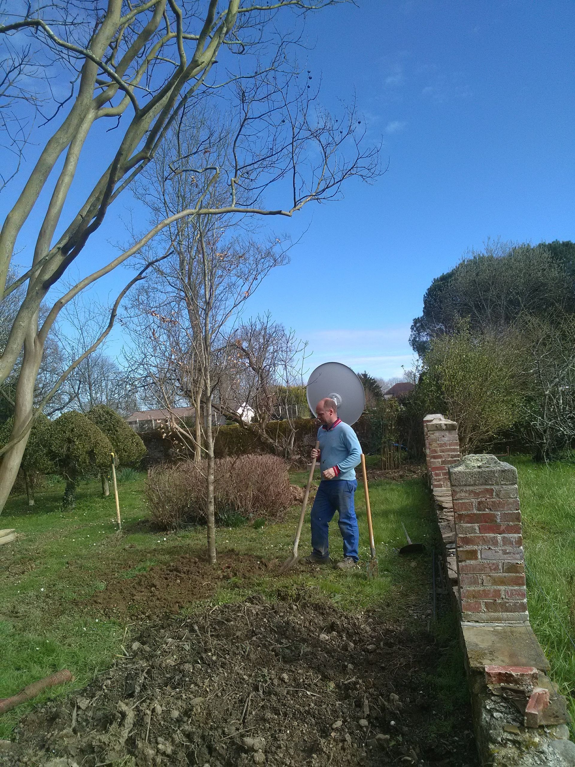 Une personne debout dans un jardin, tenant des outils, fond de ciel bleu.