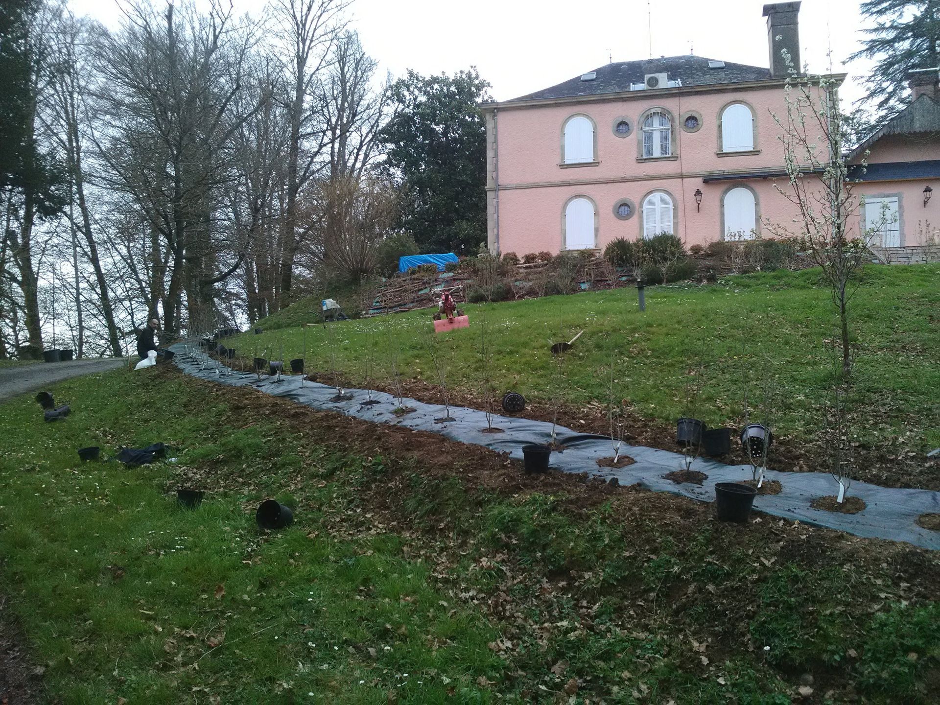 Un bâtiment rose sur une colline herbeuse avec un chemin bordé de plantes en pot, des arbres en arrière-plan.