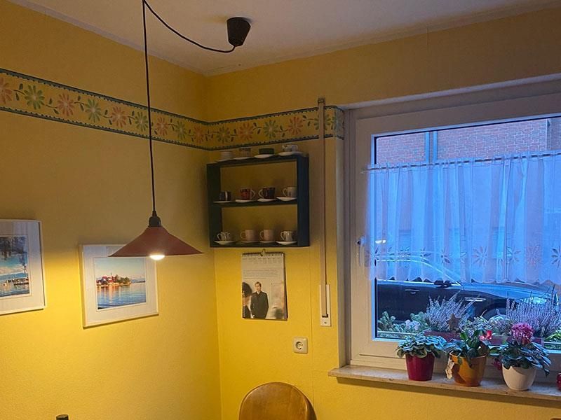 Eine Küche mit gelben Wänden und Topfpflanzen auf der Fensterbank