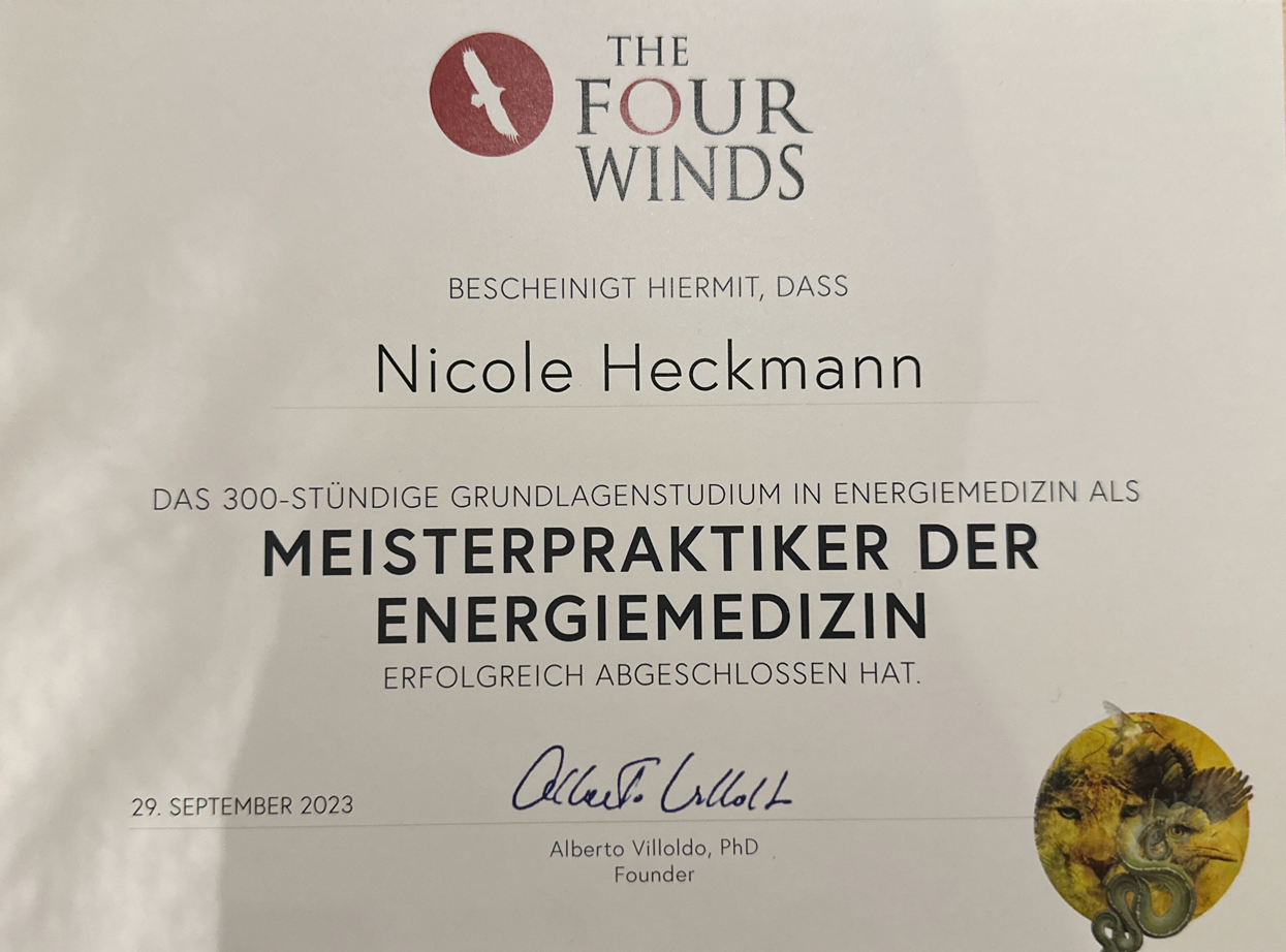 A certificate that says nicole heckmann meisterpraktiker der energiemedizin