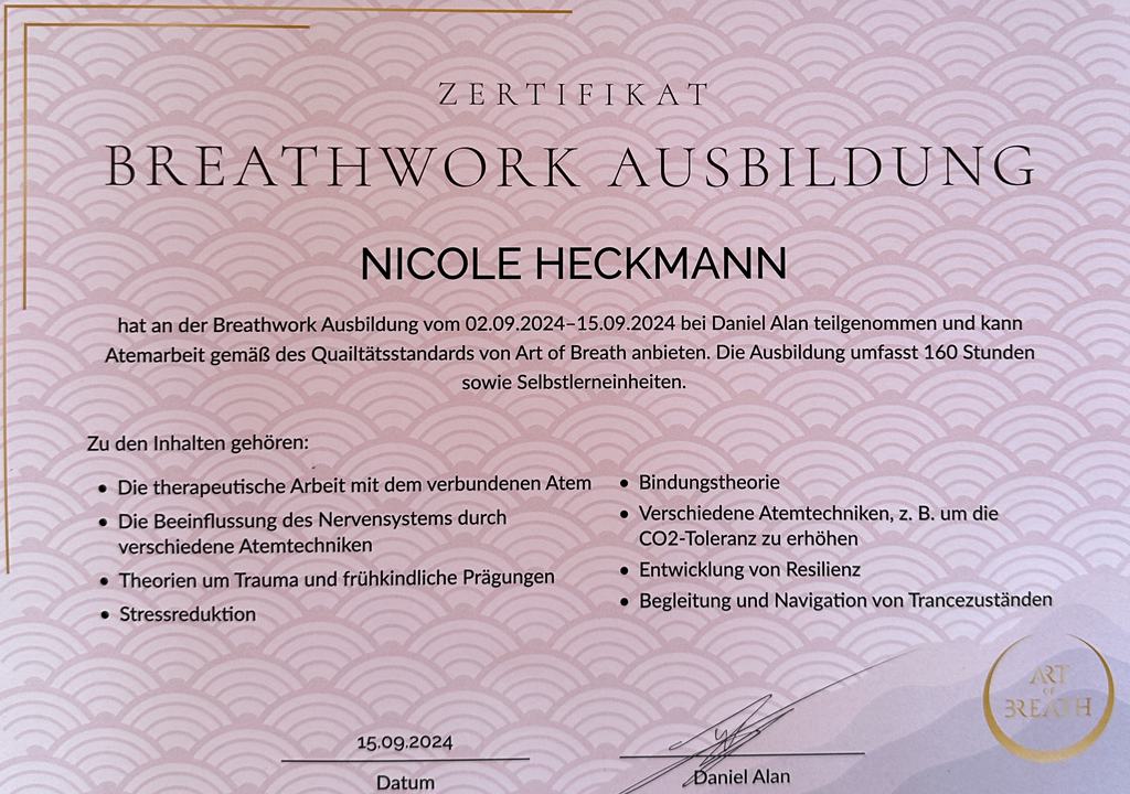 Ein Zertifikat mit der Aufschrift „Atemarbeitsausbildung“
