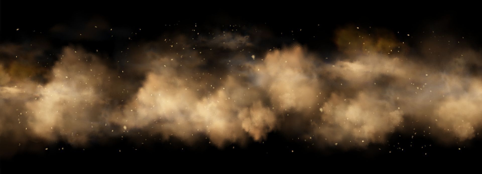Une bande horizontale de nuages tourbillonnants de poussière ou de fumée brun doré sur un fond noir uni étoilé.