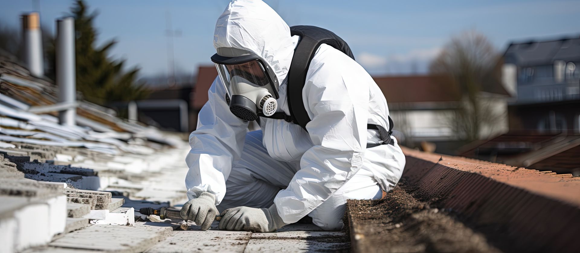 Un professionnel vêtu d'une combinaison de protection blanche et portant un masque respiratoire examine des matériaux sur le toit d'une maison.
