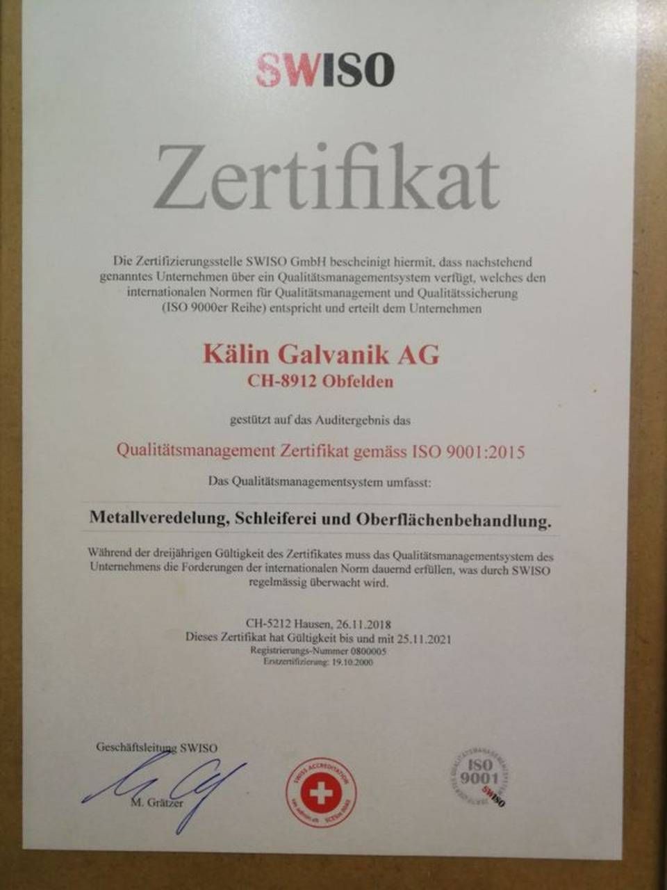 Zertifikat Metallveredelung, Schleiferei, Oberflächenbehandlung Galvanik AG