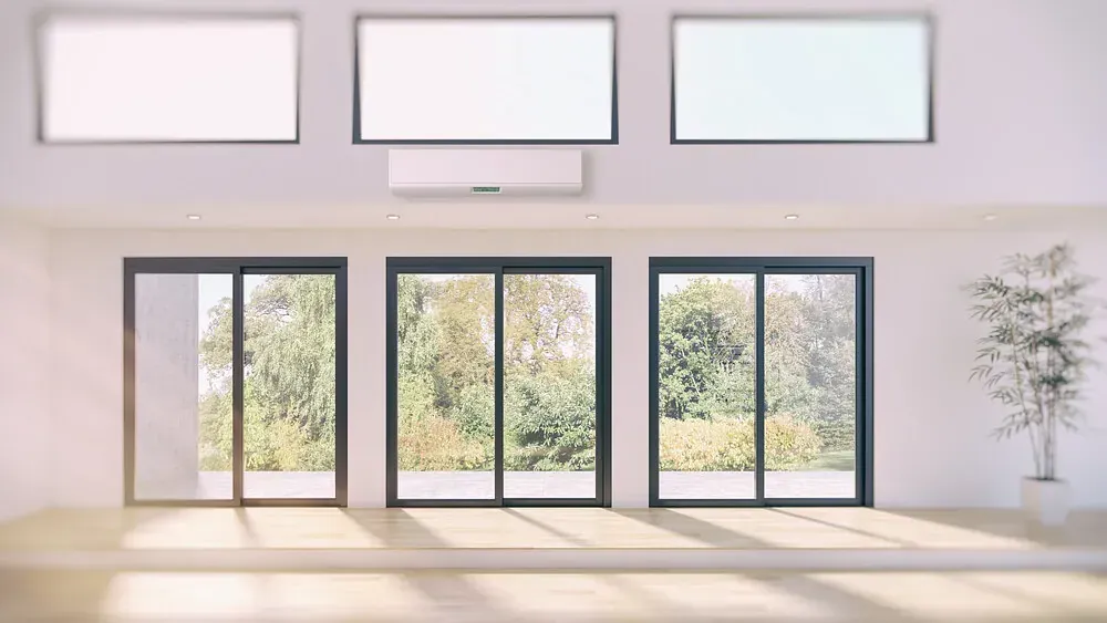 Una habitación vacía con muchas ventanas y una planta.
