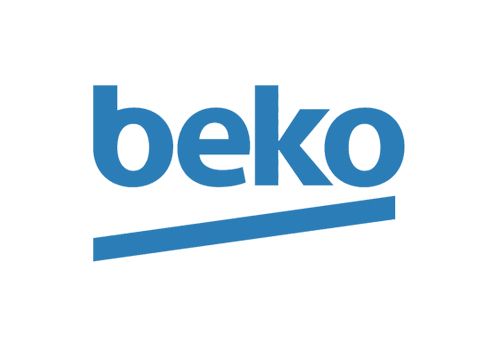 Logotipo de Beko: marca denominativa azul con un subrayado diagonal.